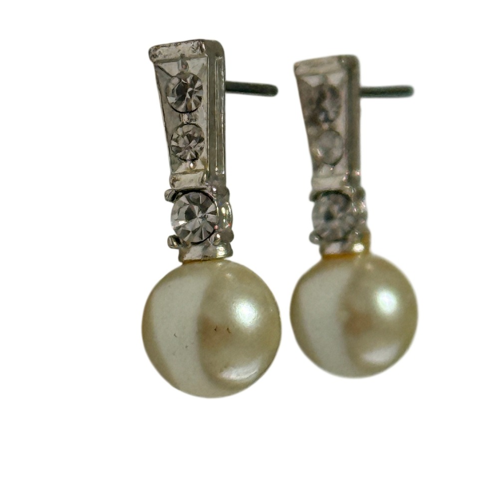 Vintage Faux Pearl Drop Earrings Rhinestone Accents Silver Tone 0.75" Women